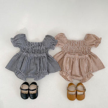 Baby Plaid Puff Sleeve Blouse and Bloomers Set