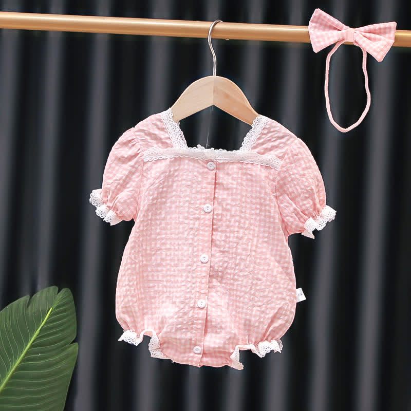 Baby Plaid Lace Trim Bodysuit with Headband