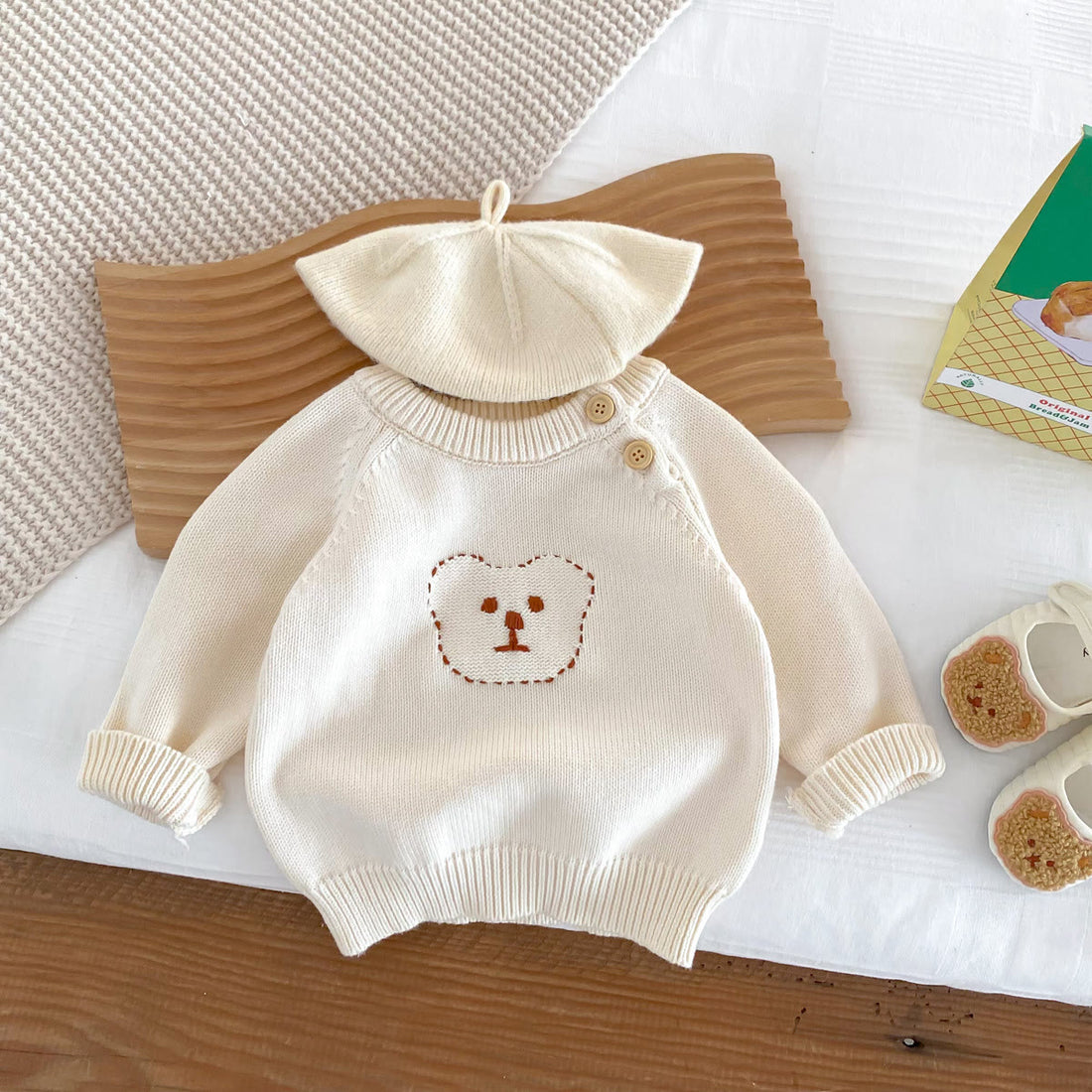 Baby Button Beige Cute Bear Knitted Sweater