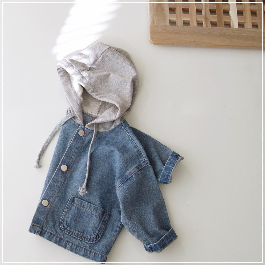 Toddler Blue Denim Fake 2 Pieces Hooded Coat