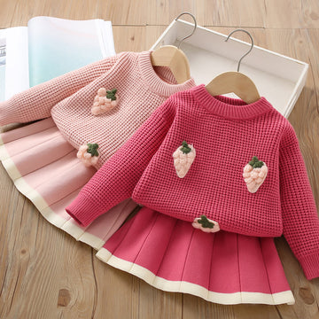 Toddler Girl 3D Strawberry Knitted 2 Pieces Set