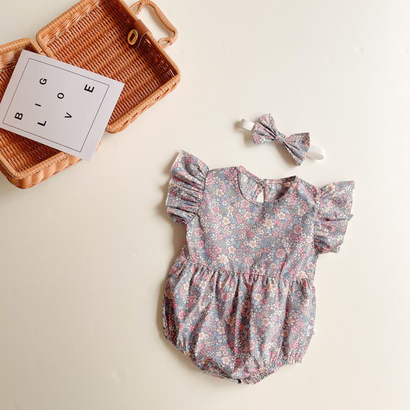 Baby Ruffled Vintage Flowers Bodysuit with Headband