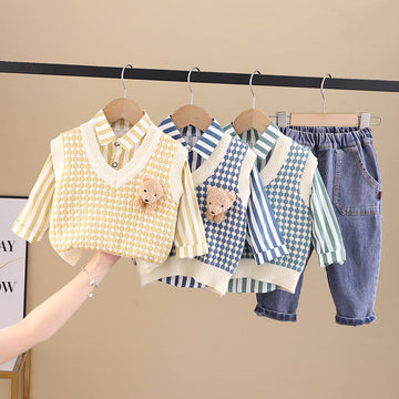 Toddler Boy Bear Striped Denim Set