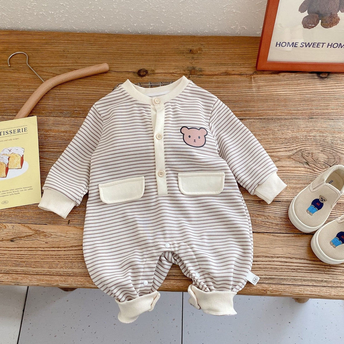 Baby Bear Striped Button Round Collar Romper