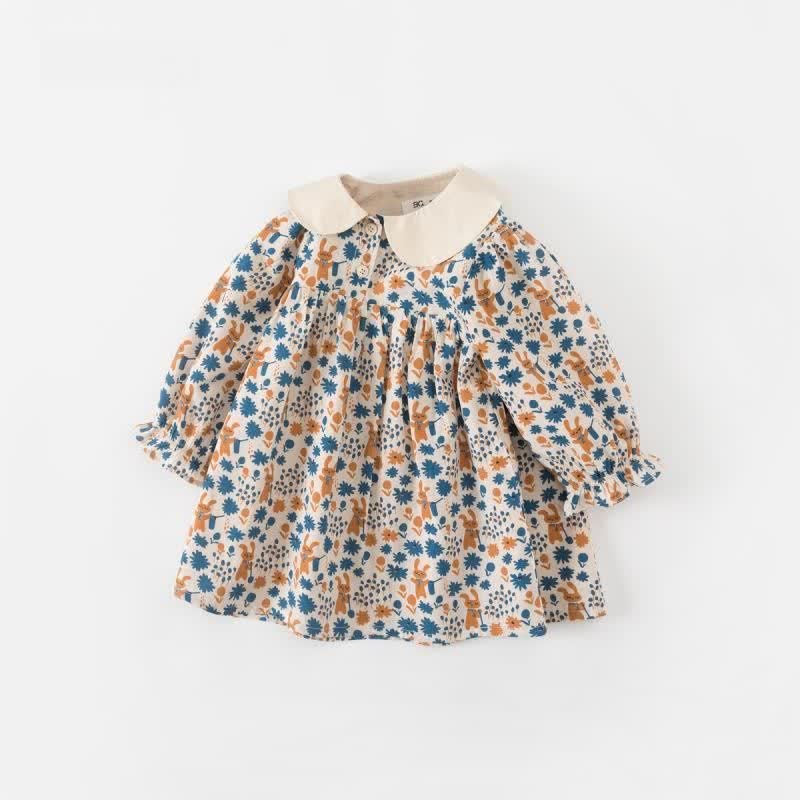 Toddler Girl Bunny Retro Flower Lapel Collar Dress