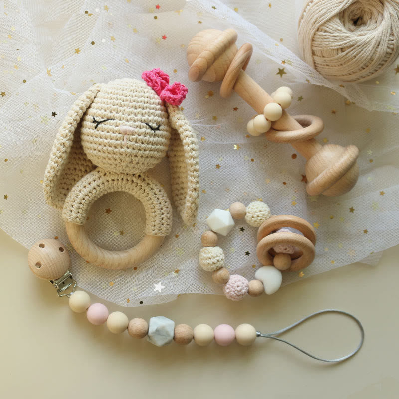 Baby Wooden Crochet Bunny Rattle Toy