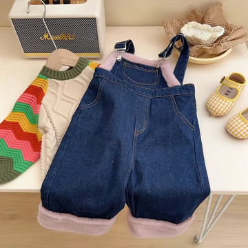 Toddler Girl Fleece Denim Overalls