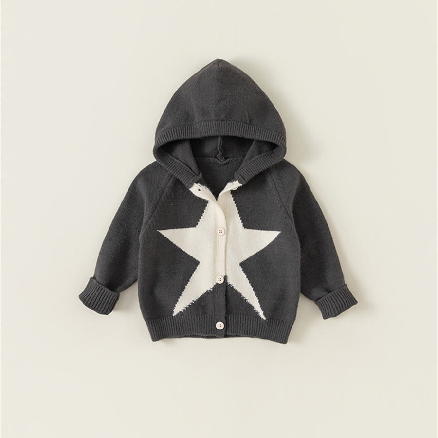 Toddler Star Button Hooded Grey Knitted Coat