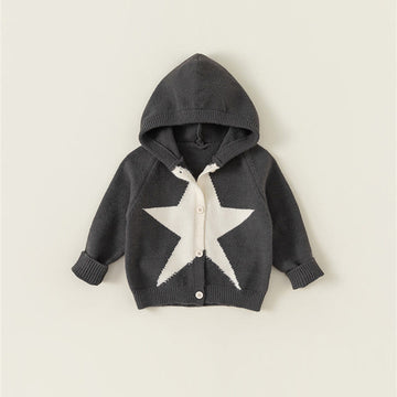 Toddler Star Button Hooded Grey Knitted Coat