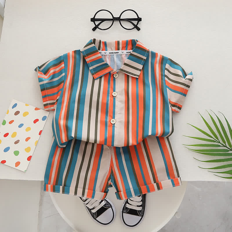 Toddler Boy Striped Lapel Tee and Shorts Set