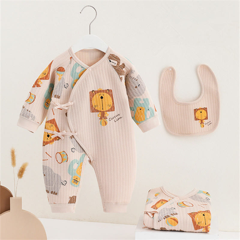 Baby Animal Ball Drum Kimono Romper with Bib