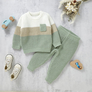 Baby Knitted Pocket Color Block Casual 2 Pieces Set