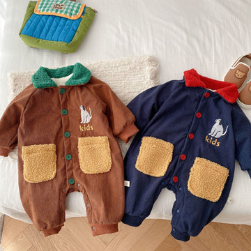 KIDS Baby Polo Dog Fleece Lined Corduroy Romper