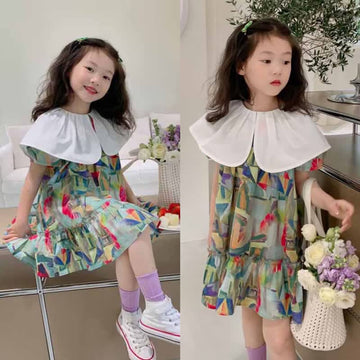 Toddler Girl Ink Painting Lapel Collar Dress