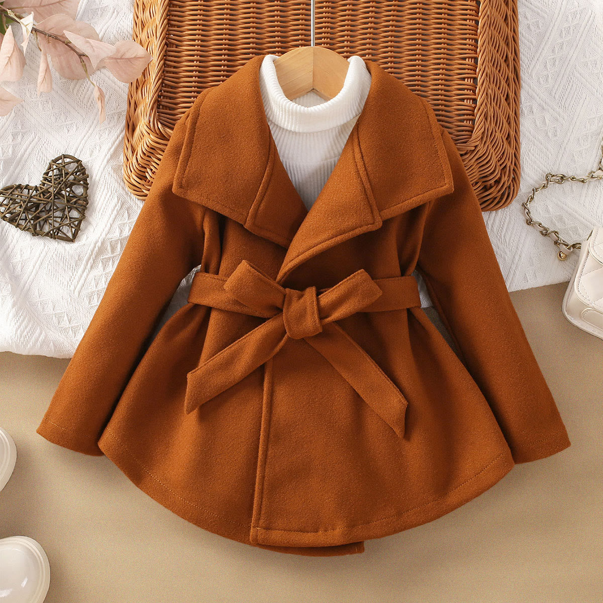 Toddler Girl Brown Lapels Bow Coat