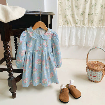 Toddler Girl Lapels Flower Puff Sleeves Dress