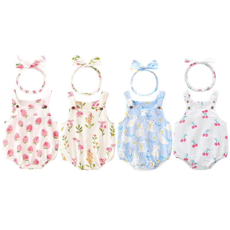 Baby Strawberry Floral Bunny Cherry Bodysuit with Headband