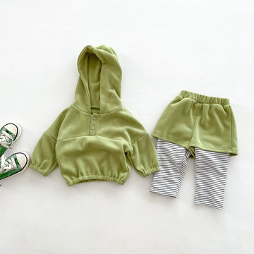 Baby Casual Green Striped Hooded 2 Pieces Set