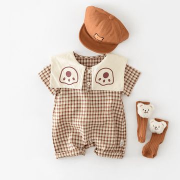 Baby Bear Lapel Collar Plaid Romper