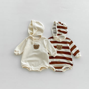 Baby Striped Side Bear Bodysuit with Bonnet