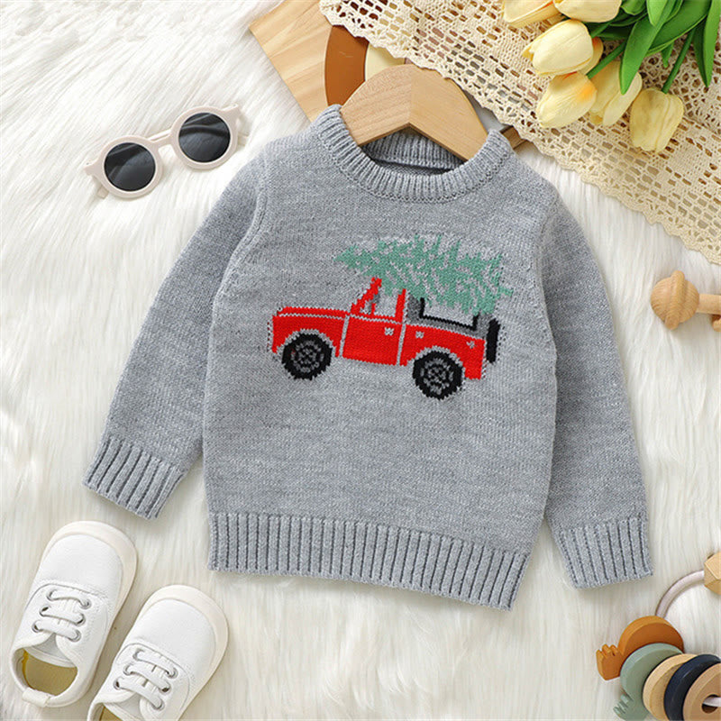 Toddler Red Car Leaves Knitted Grey Sweater