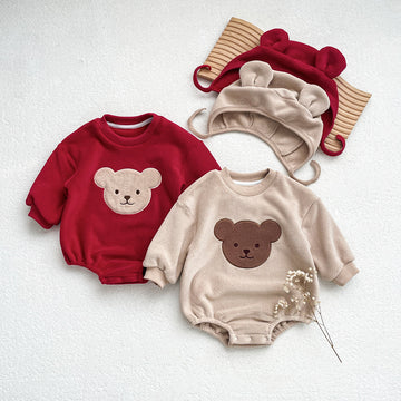 Baby Fleece Cartoon Bear Head Bodysuit with Bonnet