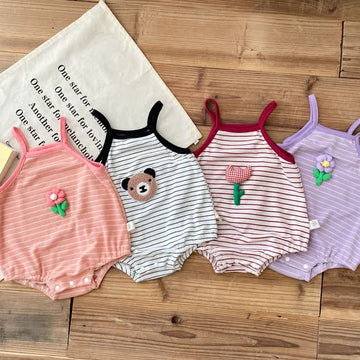 Baby Bear Flower Striped Strap Bodysuit