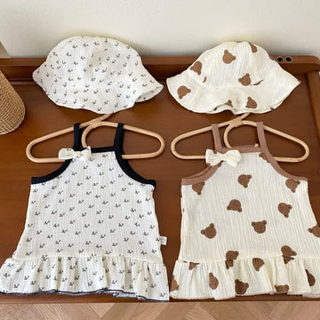 Baby Bear Floral Bowknot Strap Dress with Hat