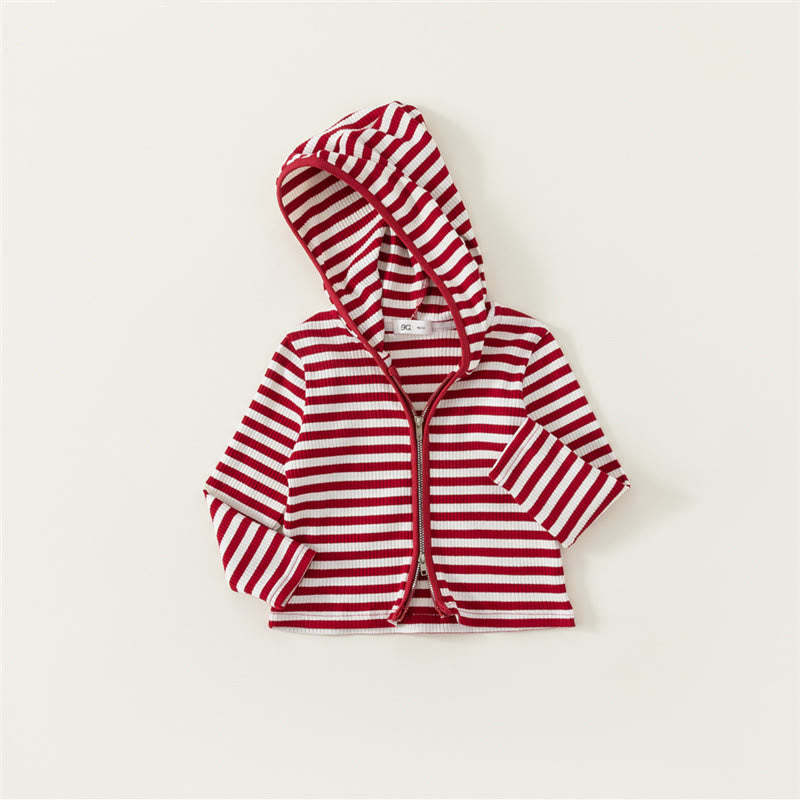 Toddler Girl Red Striped Hooded Zipper Coat