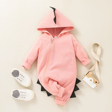 Baby Solid Color Dinosaur Zipper Hooded Romper