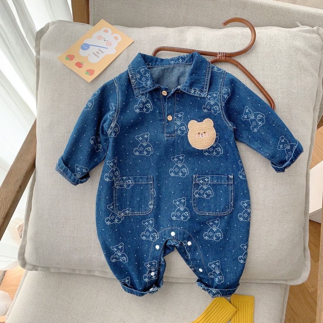 Baby Blue Embroidered Bear Denim Collar Romper