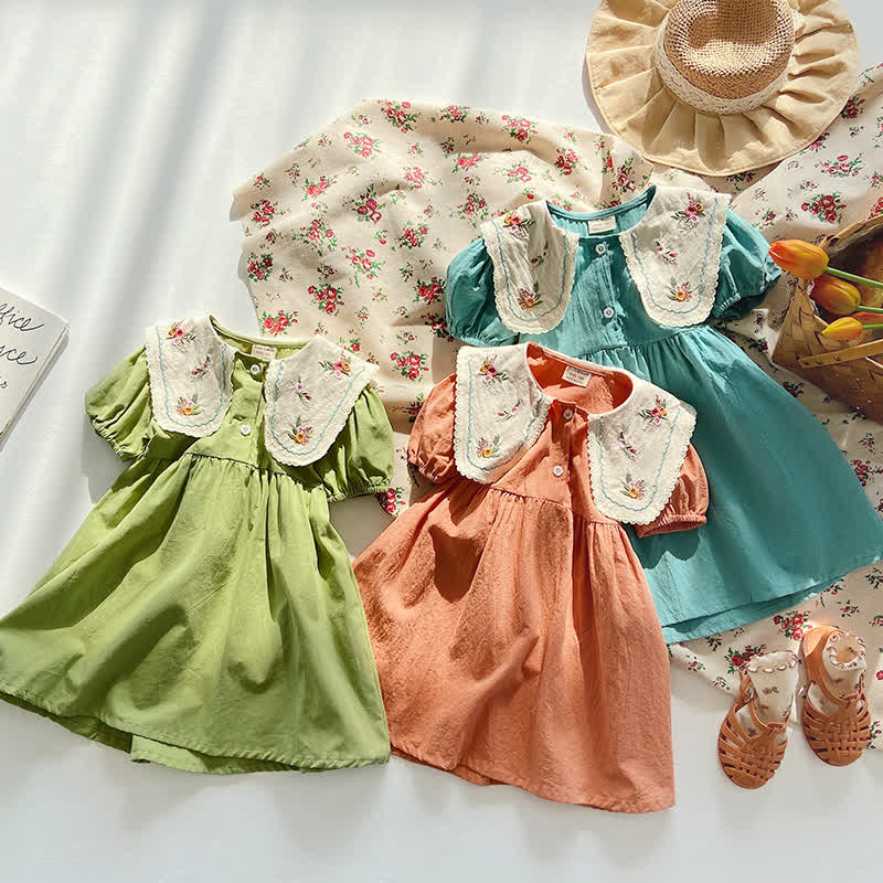 Toddler Girl Embroidered Flower Lapel Collar Dress