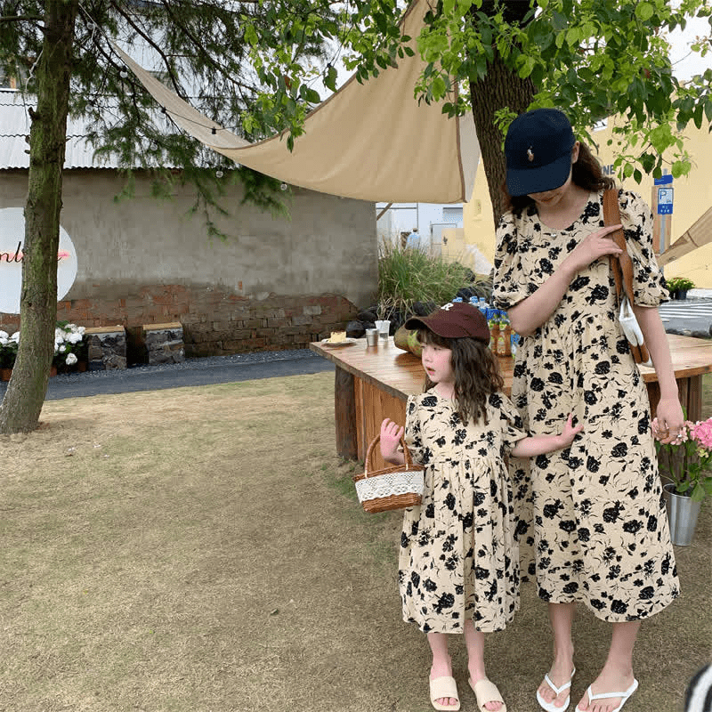 Mommy and Me Beige Floral Chiffon Dress