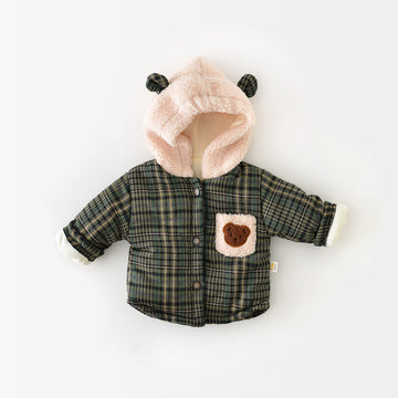 Baby Fleece Plaid Bear Warm Hooded Coat