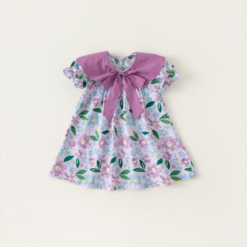 Toddler Girl Bowknot Lapel Collar Flower Dress