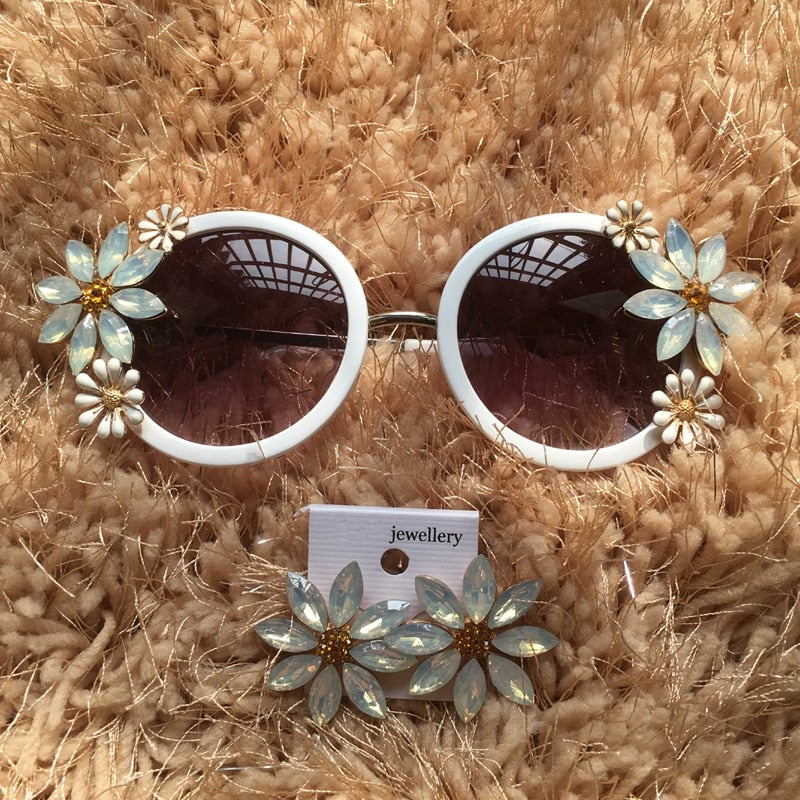 Rhinestone Crystal Floral Round Sunglasses