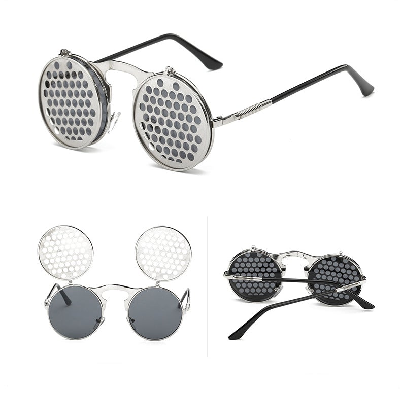 Hip Hop Old School Gothic Flip Circular Double Metal Round Sunglasses