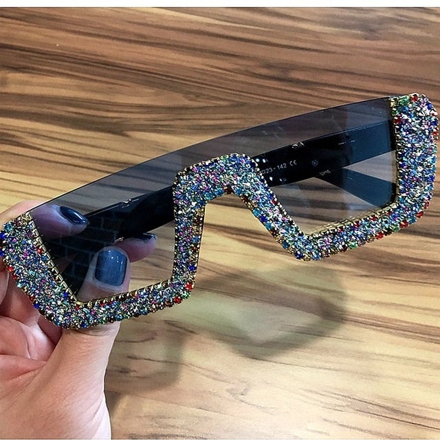 Rhinestone Half Frame Oversized Luxury Square Sunglasses