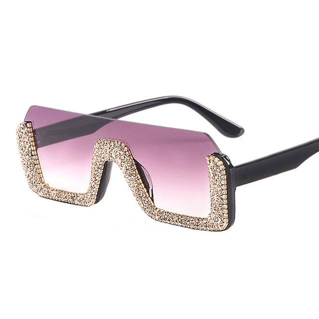 Luxury Crystal Half Frame Oversized Rhinestone Square Sunglasses