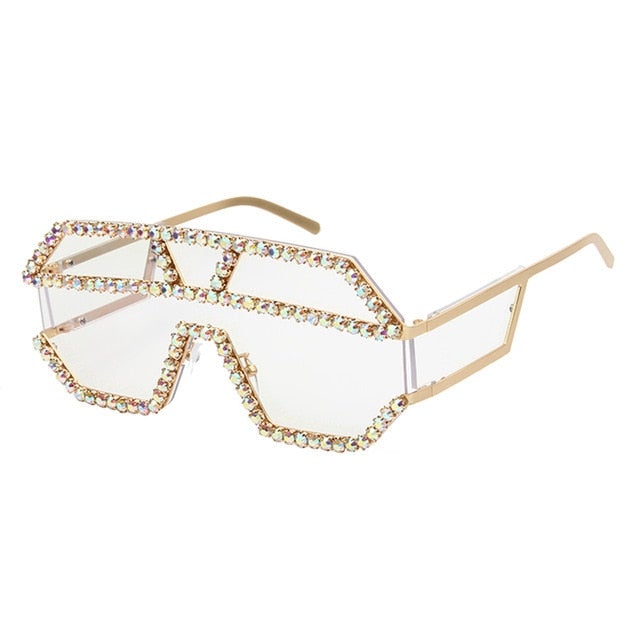 Rhinestone Oversize Frame Flat Lens Retro Sunglass