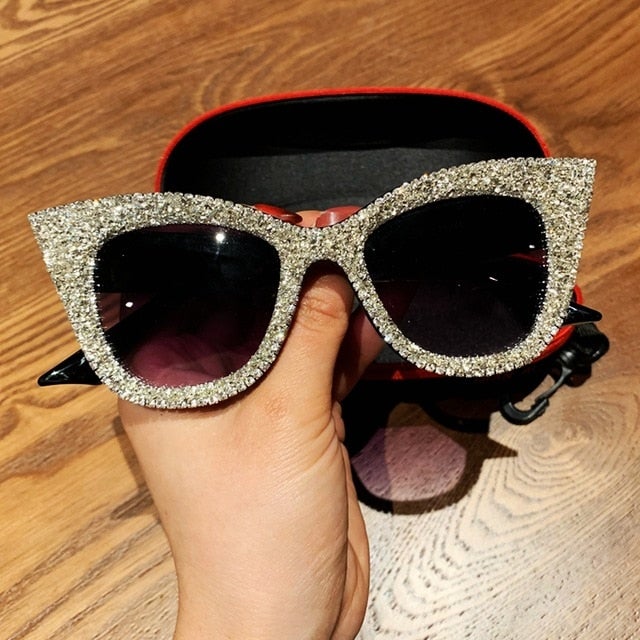 Full Rhinestone Bling Frame Vintage Clear Gradient Lens Cat Eye Sunglasses