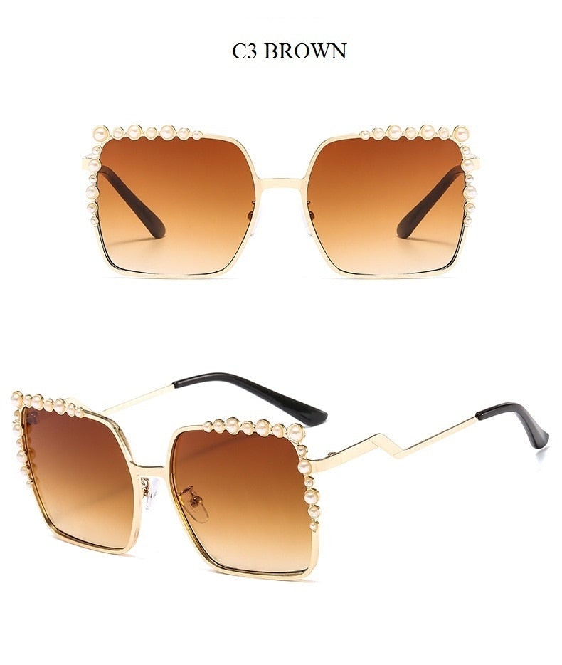 Luxury Pearl Decorated Frame Gradient Oversized Square Sunglasses