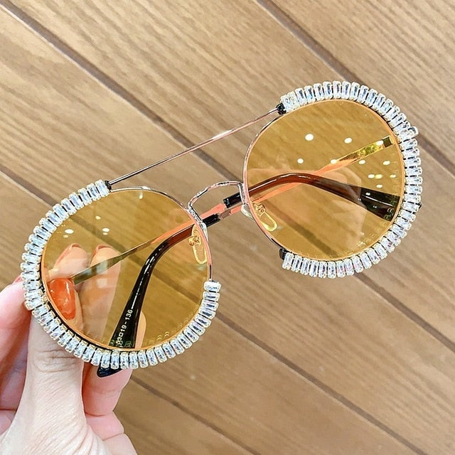 Double Beam Rhinestone Crystal Edge Clear Lens Round Sunglasses