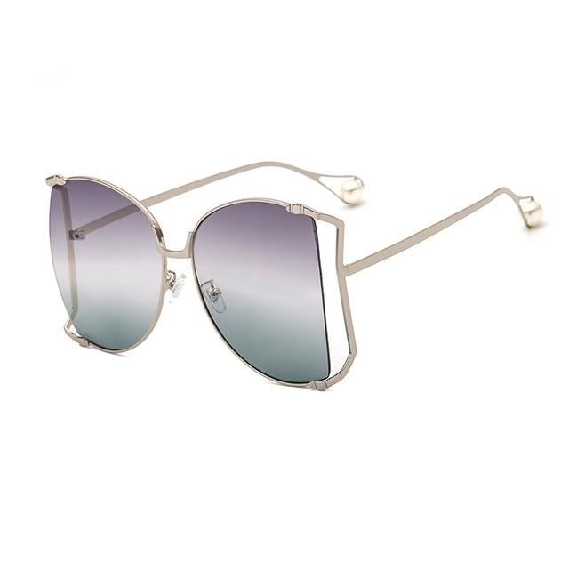 Oversized Metal Hollow Side Frame Pearl Clear Lens Square Sunglasses