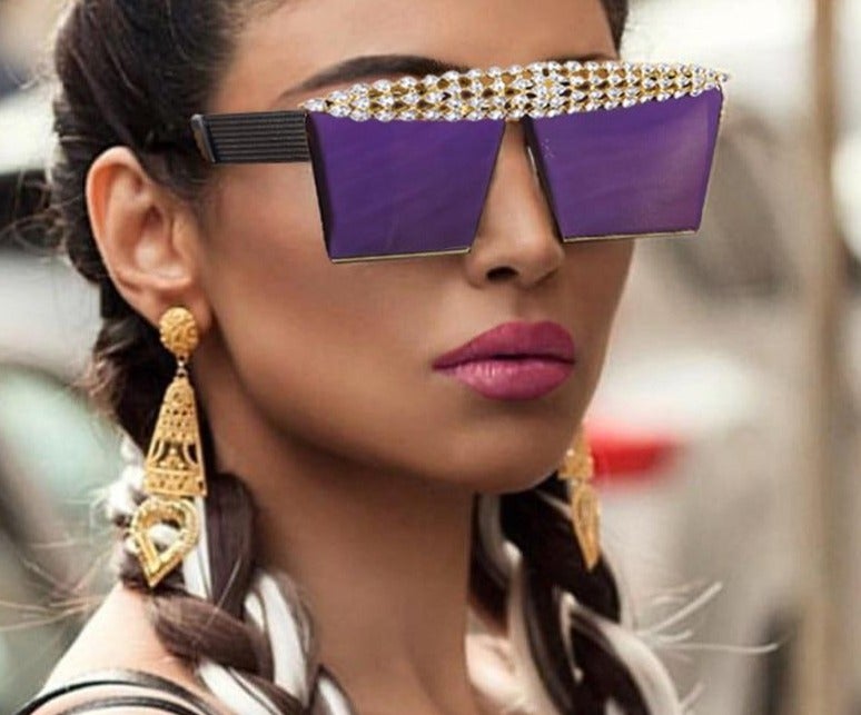 Diamond Flat Top Crystal Punk Mirror Rhinestones Square Sunglasses