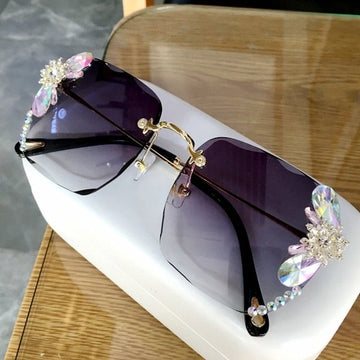 Rhinestone Crystal Edge Vintage Square Rimless Sunglasses