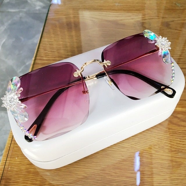 Rhinestone Crystal Edge Vintage Square Rimless Sunglasses